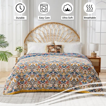 Boho Throw Blanket Reversible Cotton Bohemian Tapestry,100% Cotton Throw Blanket for Couch,Sofa,Chair,Lightweight Summer Quilt Soft 4-Layer Muslin Blanket for Farmhouse,Picnic Decor 50"x60"
