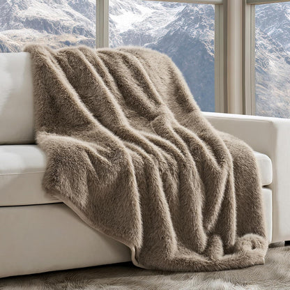 Luxury Faux Fur Throw Blanket, Soft Fluffy Faux Mink Blankets for Bed, Couch, Sofa, Thick Cozy Plush Warm Fur Throws with Reversible Velvet, Natural Mink, 50"x60"