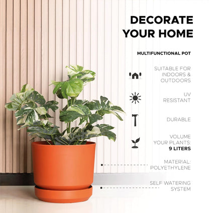 Elly Décor 10 inch Plastic Cylinder Planter Pot with Self-Watering Saucer and Drainage Hole,Lightweight & Extremely Durable, 10"x 10", Terracotta