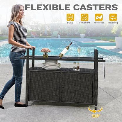 DWVO Patio Bar Table,Outdoor Kitchen Island with Glass Top,Rattan Patio Storage Cabinet with Wheels,Bar Cart for Poolside and Backyard,Black
