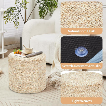 Wimarsbon 18'' Ottoman Pouf, Natural Braided Poof, Rustic Handweave Lounge Pouffe, Boho Footrest Stool for Bedroom, Accent Table or Seat for Living Room (Natural Corn Husk)