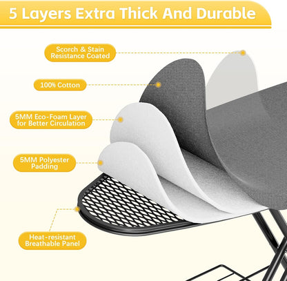 Full Size Ironing Board, 18x51 Iron Board with Metal Panel Stretchable Iron Rest, Adjustable Height Heavy Duty Heat & Scorch Resistant Cover Ironing Board, for Home, Laundry, Black