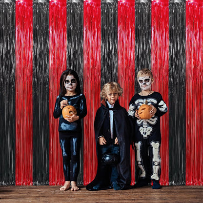 GOER 3.2 ft x8.2 ft Metallic Tinsel Foil Fringe Curtains Party Photo Backdrop Party Streamers for Birthday,Graduation,New Year Eve Decorations Wedding Decor (4 Pcs,Black&Red)