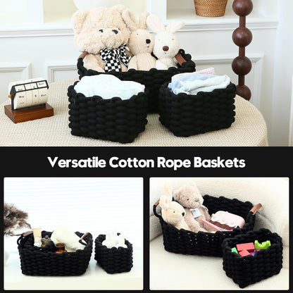 Sea Team 3-Pack Rectangle Woven Cotton Rope Storage Baskets with Handles, Shelf Basket, Closet Organizers, 3-in-1, Black