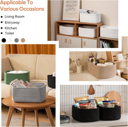 OIAHOMY 4 Pack 14.17*11.02*6.3IN Storage Baskets for Organizing Shelves, Woven Rope Baskets for Organizing Books, Clothes, Decorative Basket for Living Room, Nursery, Bedroom, Gift Basket, Grey