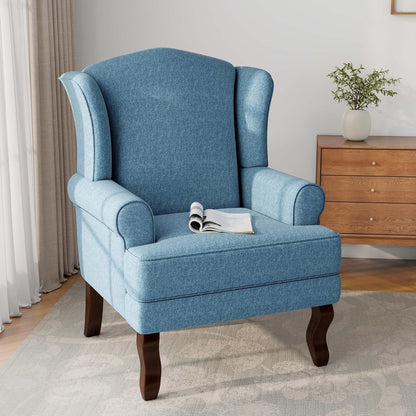 Accent Chair, High Back Upholstered Armchair with High Resilience Sponge & Wood Legs, Mid-Century Modern Comfy Single Sofa Reading Chairs for Living Room, Bedroom (Blue, Set of 1)