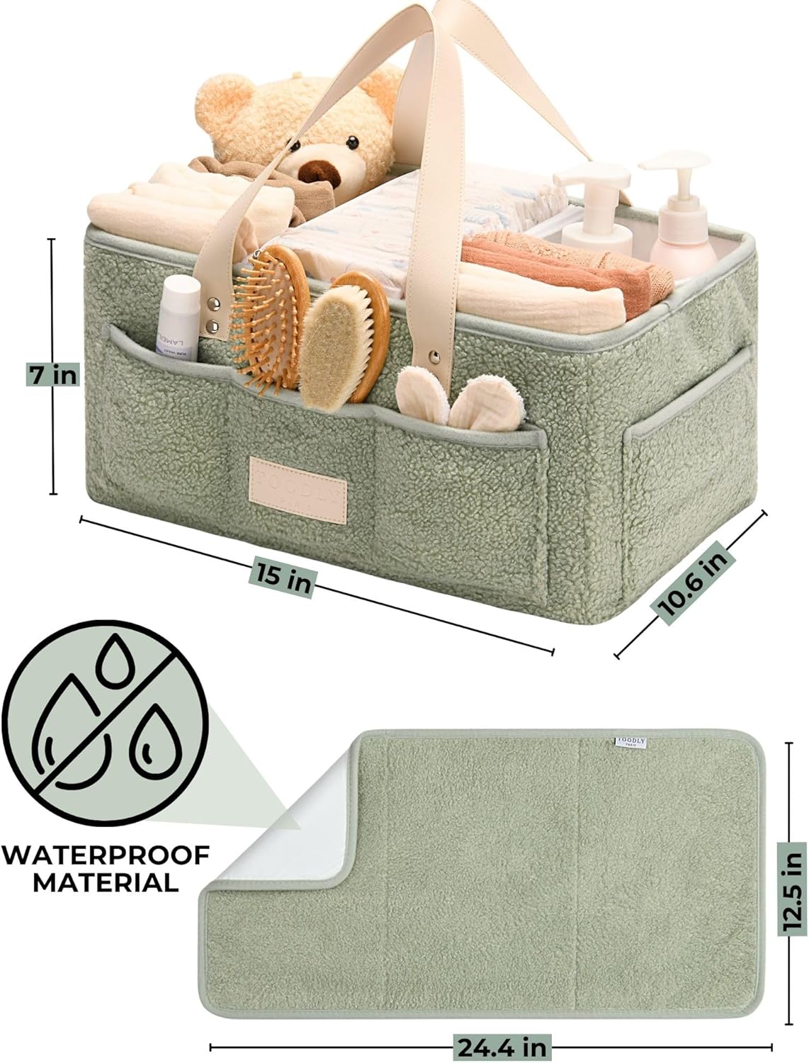 Baby Diaper Caddy Organizer with Portable Changing Mat - Teddy Fleece Diaper Organizer for Changing Table - Basket for Changing Essentials - Baby Essentials Organizer with Removable Dividers