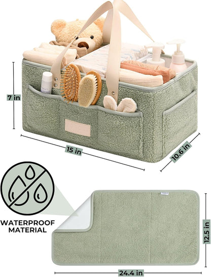Baby Diaper Caddy Organizer with Portable Changing Mat - Teddy Fleece Diaper Organizer for Changing Table - Basket for Changing Essentials - Baby Essentials Organizer with Removable Dividers
