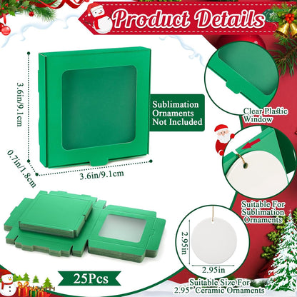 25 Pcs Sublimation Ornament Blanks Box 3.6"x3.6"x0.7" Christmas Ornaments Holder Ceramic Discs Packaging Box with Window for Personalized Xmas Tree Blanks Bulk (Green)