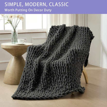 Bigacogo Chunky Knit Throw Blanket for Couch, 40x60 inches, 100% Hand Knitted with Thick Jumbo Chenille Yarn, Cozy Soft Large Rope Knot Cable Crochet Blankets for Sofa Bed Living Room, Dark Grey