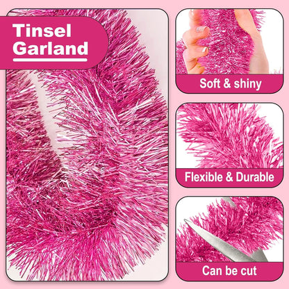 50 Feet Christmas Tinsel Garland, Metallic Twist Wall Hanging Tinsel Backdrop for Parade Floats, Carnival, Birthday, Wedding, New Year Party Decorations (Pink, 2in x 50ft)