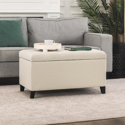Asense Storage Ottoman Bench, Tufted Fabric Upholstered End of Bed Bench with Safety Hinge Wooden Legs, for Entryway Bedroom (Cotton and Linen Beige, 33.3")