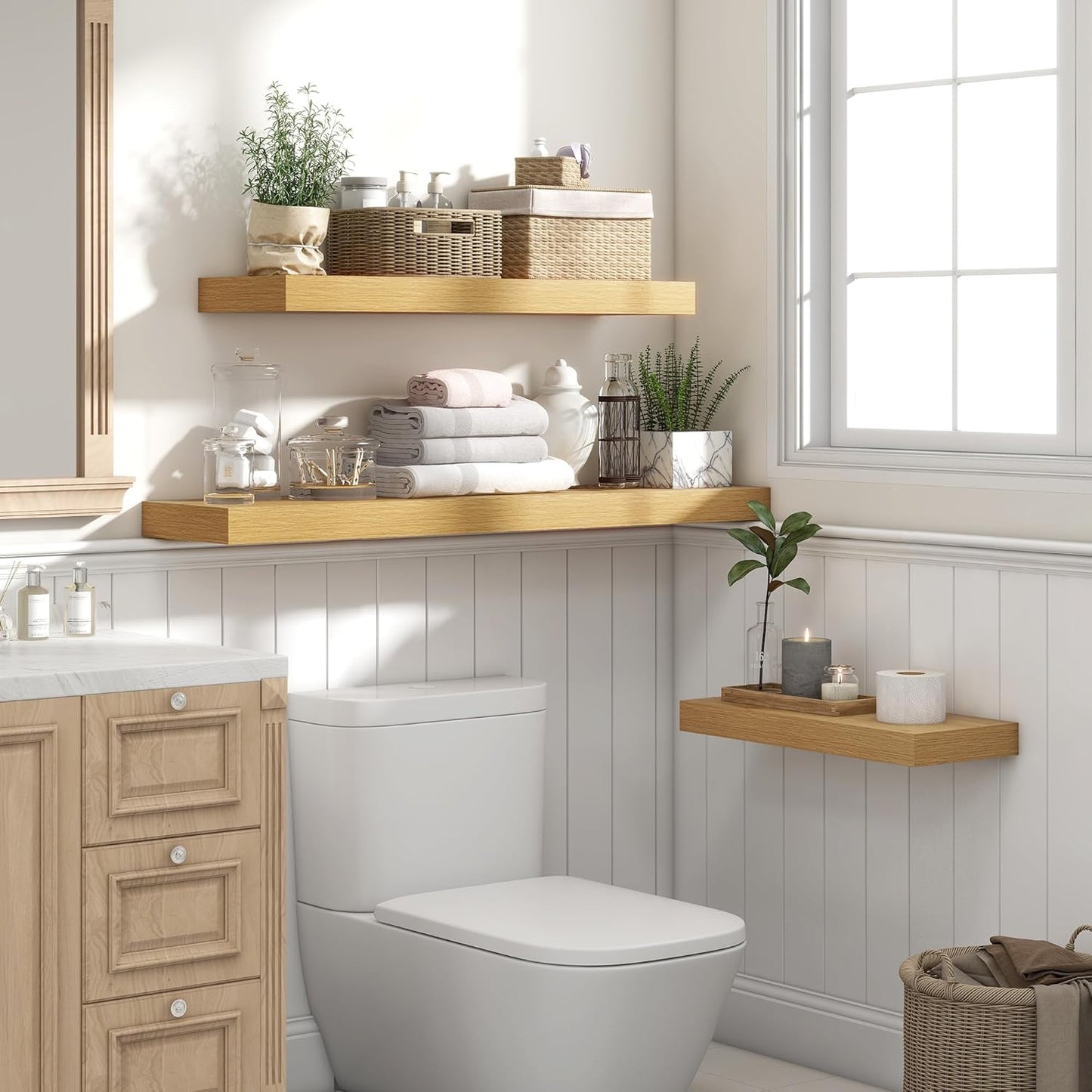 Heimlove 24 inch Floating Shelves for Wall,9.3 inch deep Bathroom Over Toilet Shelf,Wall Mounted Rustic Wood Shelves for,Bedroom,Living Room,Kitchen,Office Decor Set of 2-Oak Color