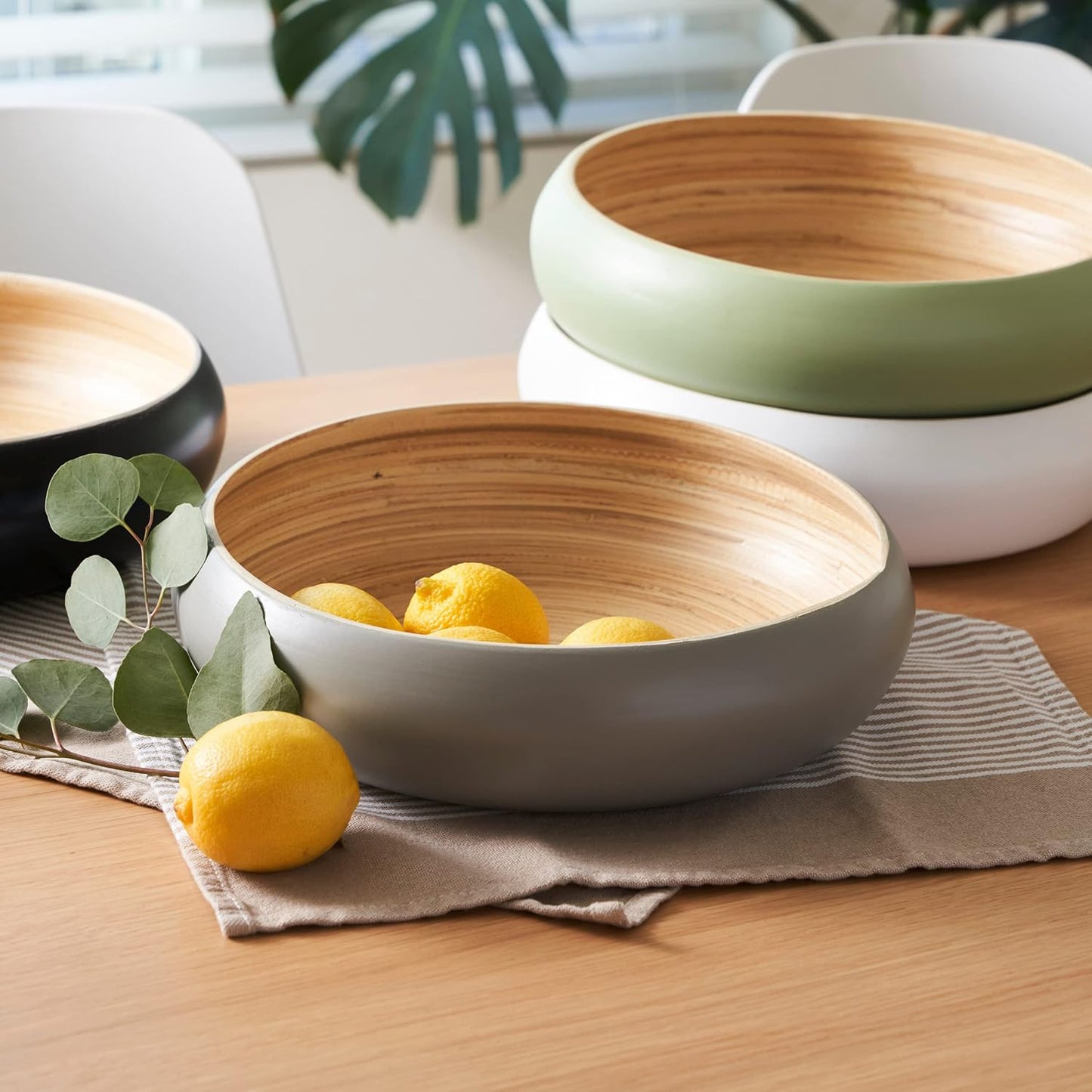 Fruit Bowl For Kitchen Counter, Decorative Bowl, Large Serving Bowl Or Fruit Basket For Kitchen Decor Spun Bamboo (Gray)