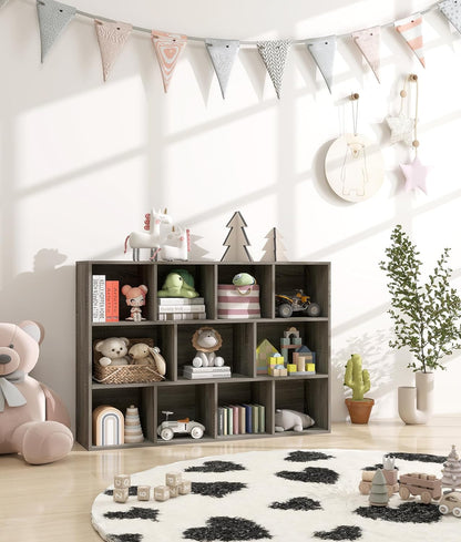 11-Cube Kids Toy and Book Storage Organizer – Wooden Cube Bookcase for Playroom and Nursery Organization, Baby Bookshelf and Kids Shelves for Room or Classroom, French Oak Finish