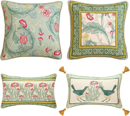 patdrea Designer Pack of 4 Throw Pillow Covers,French Vintage Rustic Linen with Green Floral Pattern Pillows Cover,Decorative Lumbar Square Pillowcases Cushion for Bed Living Room Outdoor Car