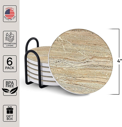 Emerson Coasters for Drinks Absorbent – Natural Stone Drink Coasters Set with Holder, Coasters for Coffee Table, Wooden Tabletop Protection Marble Style – 100% Heavy Duty Set of 6 (Sandstone)