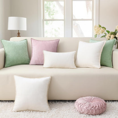 decorUhome Chenille Soft Throw Pillow Covers 16x16 Set of 2, Farmhouse Velvet Neutral Decorative Euro Pillow Covers with Stitched Edge for Couch Sofa Bed Home Decor, Cream White