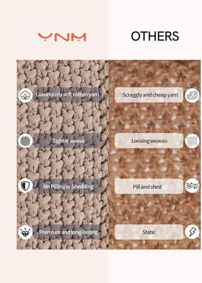 YnM Chunky Cotton Knit Throw Blanket, Cable Knit Throws for Bed Couch Sofa, Comfy & Relaxing, Decorative Piece for Farmhouse Modern Boho Rustic Scandinavian Chic Vibe, Beige 80x87 Inches