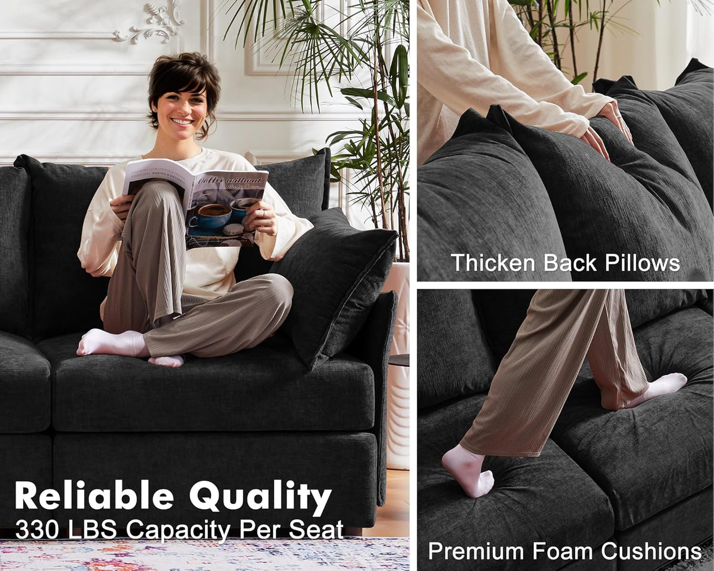 102.6" Modular Sectional Sofa, Oversized 3-Seater Couch with Removable Black Chenille Fabric Cover, Deep Seat & High Backrest for Living Room, Office & Apartment