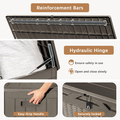 Devoko 97 Gallon Deck Box, Waterproof Resin Outdoor Storage Box for Outside and Patio, Large Outdoor Storage Bench Cabinet Lockable for Patio Furniture, Garden Tools and Pool Supplies (Brown)