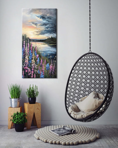 LASMOND Beautiful Colorful Grassland by Riverbank Landscape Wall Art Decor Artwork for Bedroom (24x48 Inches)