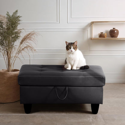 Ottoman Rectangular Storage Ottoman Bench, Faux Leather Footrest, Coffee Table, Stool Footstool with Hinged Lid for Living Room, Bedroom, Entryway, Black, 35"x23.5"x17.5"