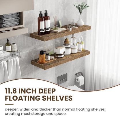 36 Inch Floating Shelves, 12 Inch Deep Floating Shelves for Wall, Floating Shelf with Invisible Brackets, Deep Shelves for Bathroom, Bedroom, Living Room, 2 Pack, Brown