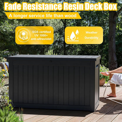 DRATO 230 Gallon Deck Box, Outdoor Large Waterproof Resin Storage Box with Lockable Lid for Patio Cushions, Gardening Tools, Sports Equipment, Black