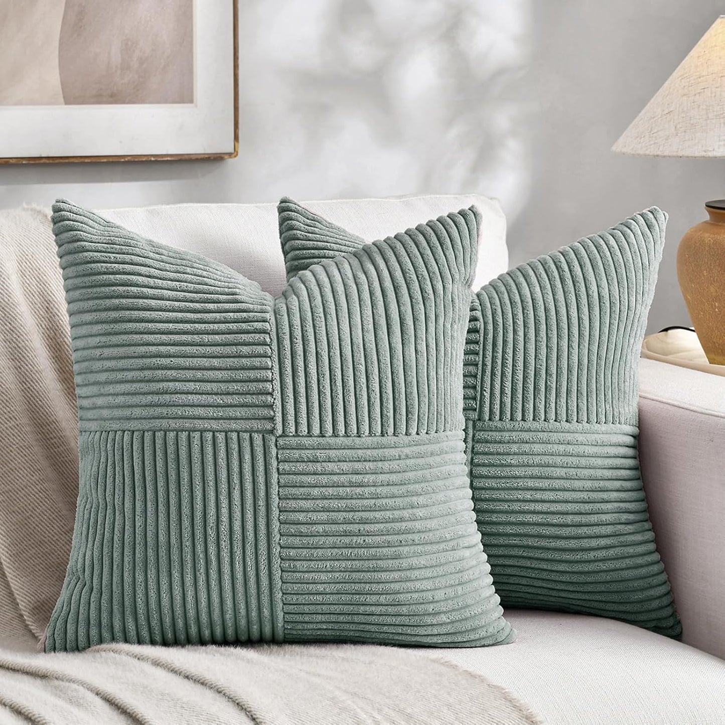 Fancy Homi 2 Packs Grey Blue Samll Decorative Throw Pillow Covers 14x14 Inch with for Couch Bed Sofa, Rustic Farmhouse Boho Home Decor, Soft Corss Patchwork Corduroy Square Cushion Case 35x35 cm