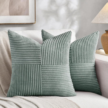 Fancy Homi 2 Packs Grey Blue Decorative Throw Pillow Covers 20x20 Inch for Couch Bed Sofa, Rustic Farmhouse Boho Home Decor, Soft Corss Corduroy Patchwork Accent Square Cushion Case 50x50 cm