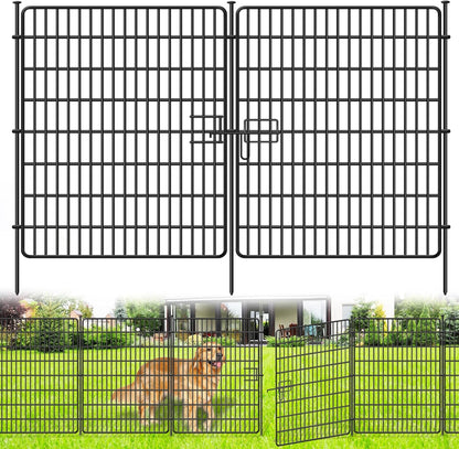 10 Panels No Dig Fence with Gate, 32 in(H) X 24 ft(L) Garden Decorative Fence Animal Barrier for Dogs, Rustproof Metal Garden Edging Border for Outdoor, Yard, Patio, Black