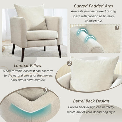 Barrel Accent Chair with Back Pillow, Large Upholstered Armchair with Solid Wood Legs Modern Reading Chairs for Living Room Bedroom