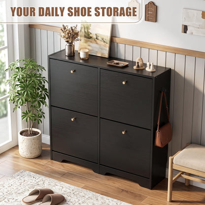 Nicetree Shoe Cabinet, 4 Flip Drawers Slim Black Entryway Storage