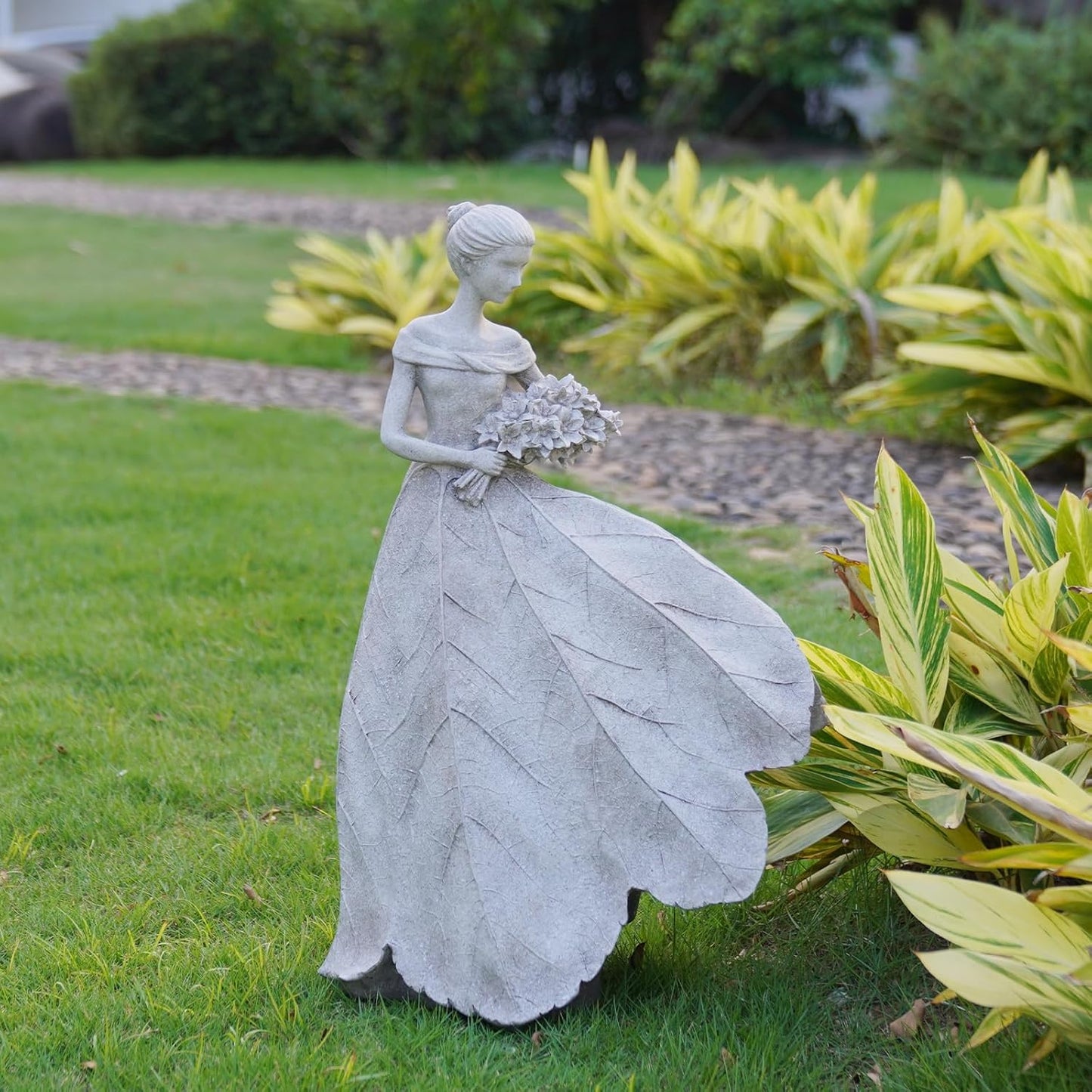 Guichifun Fairy Statue Collection Home Decoration - Grey Leaf Angel Girls Resin Home Decor for Outside or Inside Rustic Garden Outdoor Yard Decorations Figurines Gift 14.25 x 9 x 20.25 Inch