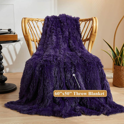 XeGe Plush Faux Fur Throw, Dark Purple Luxurious 50x60 Shaggy Furry Blanket, Thick Fluffy Microfiber Velvet Couch Blanket, Ultra Soft Fuzzy Office Lap Throw for Sofa Bed Car Purple