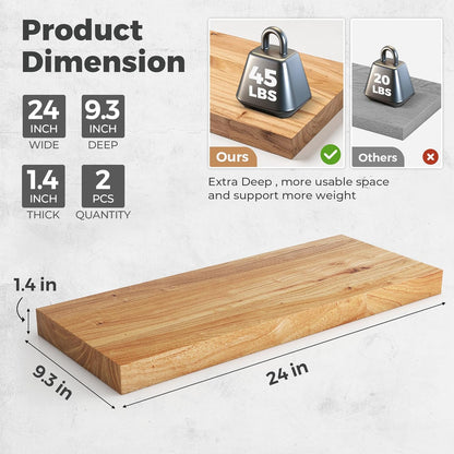 RICHFOCUS Elm Floating Shelves for Wall - 24" W x 9.3" D Rustic Solid Wood Shelves with Invisible Bracket, Wall-Mounted for Living Room, Bedroom, Kitchen Storage & Display, Set of 2, Natural