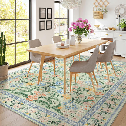 Wonnitar Machine Washable Area Rugs 9x12, Soft Sage Green Floral Rug for Living Room Bedroom, Ultra-Thin Large Foldable Boho Carpets for Playroom Classroom Dining Room