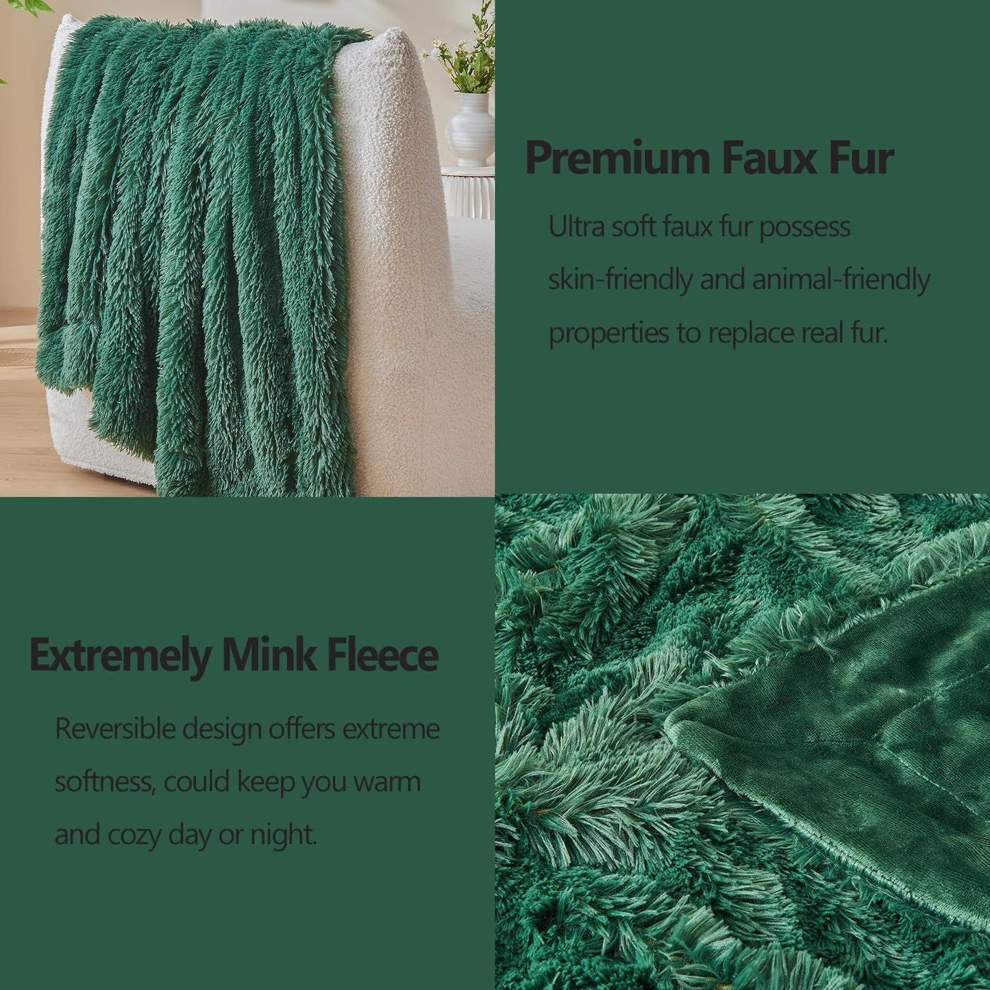 GONAAP Fuzzy Faux Fur Throw Blanket Twin Size Dark Green Super Soft Cozy Plush Fuzzy Shaggy Blanket for Couch Sofa Bed (Dark Green, Twin(60"x80"))