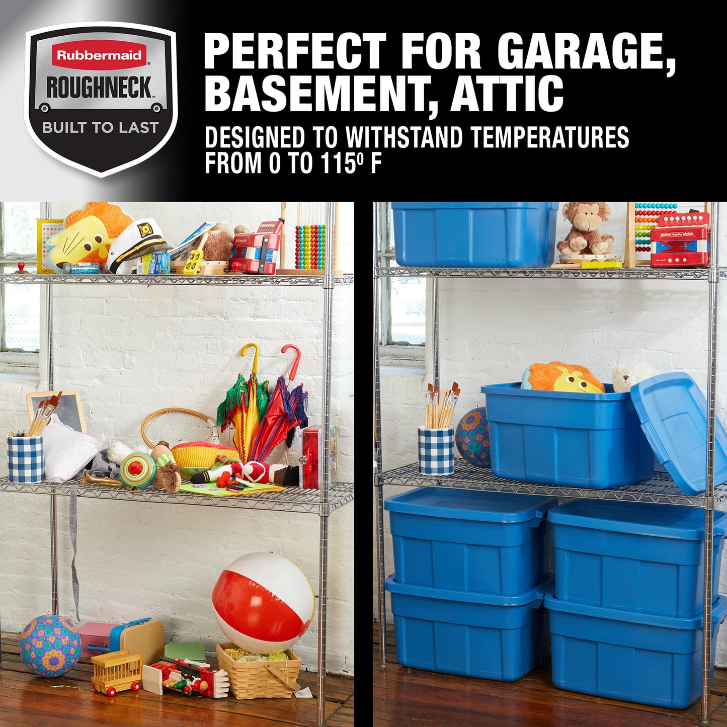 Rubbermaid Roughneck Tote 14 Gal, 6 Pack, Made in USA, Heritage Blue, Rugged Plastic Stackable