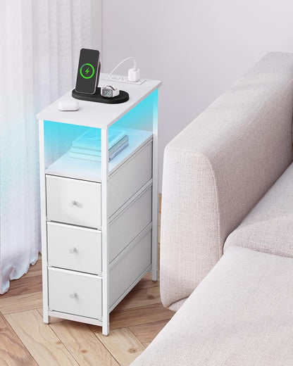 TUTOTAK Narrow LED Night Stand with Charging Station, Slim End Table with Plugins, Tall Side Table with 3 Fabric Drawer, Small Bedside Table with Storage, Set of 2, for Living Room, White TB01BW073L