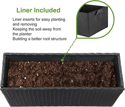 LEWIS&WAYNE Large Rectangular Block Planter Box Handmade Wicker Tall Planters for Outdoor Plants with Removable Liners Modern Planter for Indoor Outdoor Patio Deck - Black, 30''x12''x16''
