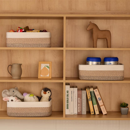 Large Shallow Organizing Baskets 15x11x5.1 Inches - Rope Woven Storage Bins for Bathroom, Shelves, Cube Closet, Gradient Brown 2 Packs