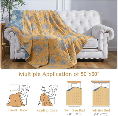 jinchan Boho 100% Cotton Muslin Twin Size 50x60 Inches Blanket Lightweight 4-Layer Quilted Soft Yellow and Blue Floral Throw Blanket Reversible Comfy Flower Breathable All Seasons Couch Bedroom Decor