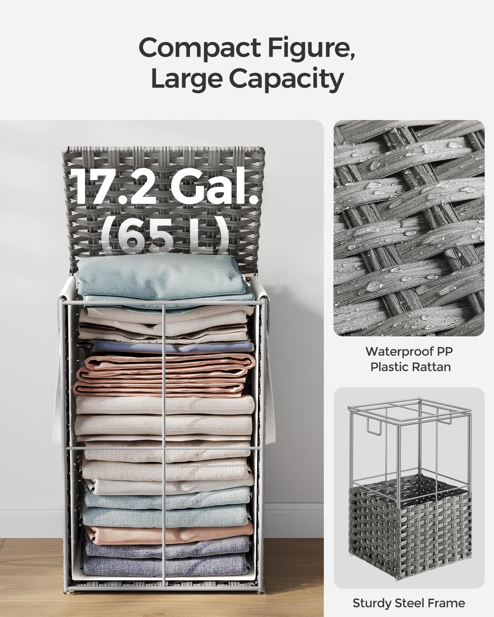 SONGMICS Laundry Hamper with Lid, 17.2 Gallon (65 L) Synthetic Rattan Clothes Laundry Basket with