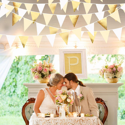 White and Gold Party Decorations Gold Beige White Fabric Triangle Pennant Banner Flag Bunting Garland for Graduation Wedding Birthday Bridal Shower Anniversary Engagement Baptism Party Supplies