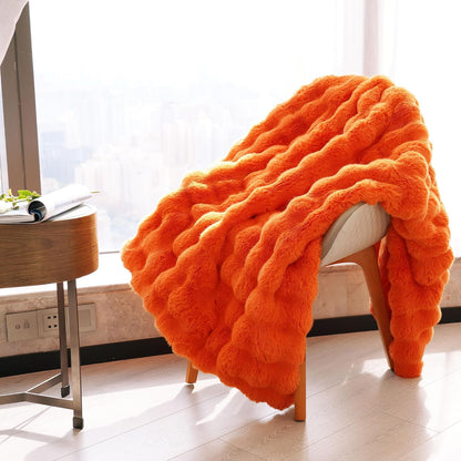 DREAMNINE Decorative Fuzzy Soft Fall Bubble Faux Fur Throw Blanket for Couch 50" x 60",Luxury Autumn Plush Fluffy Blankets,Cute Lovely Halloween Cozy Thick Warm Furry Blanket for Winter,Pumpkin Orange