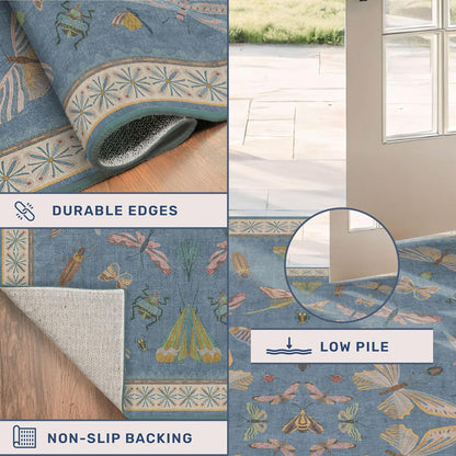 Blue 2x3 Washable Rug for Entryway Indoor, Kitchen Floor, Bathroom, Non Slip Low Pile Stain & Fade Resistant, Waterproof Insect Floral Decor
