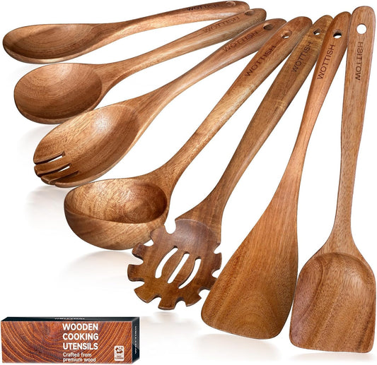 Wooden Utensil Set,WOTTISH 7Pcs Nonstick Wood Spatula,Wooden Kitchen Utensils Set Non Toxic,Wooden
