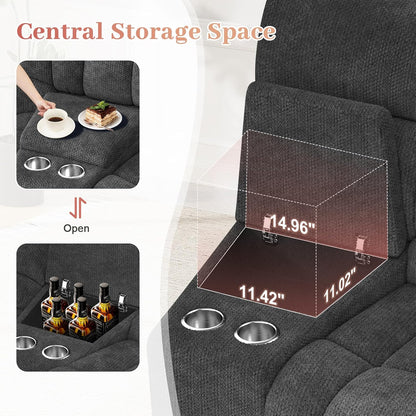 Recliner Sofa Set with 2+1+1 Pieces, Fabric Manual Pull Tab Reclining Loveseat with Storage Console, Single Recliner Chair for Living Room, RV, Grey